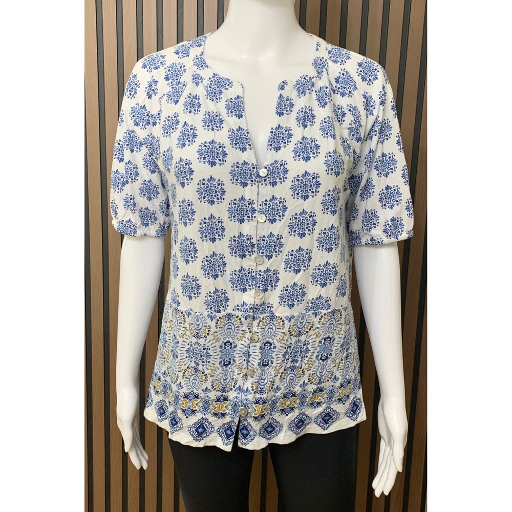 J. Jill Blue White Medallion Floral Cotton Modal Button Front Blouse Top Small